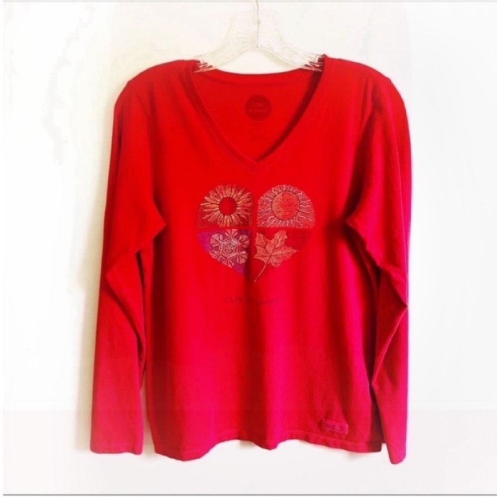 Life is Good t-shirt red seasons heart long sleeves cotton small